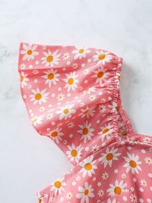 Tie Front Ditsy Floral Print Dress - Pink - View 3