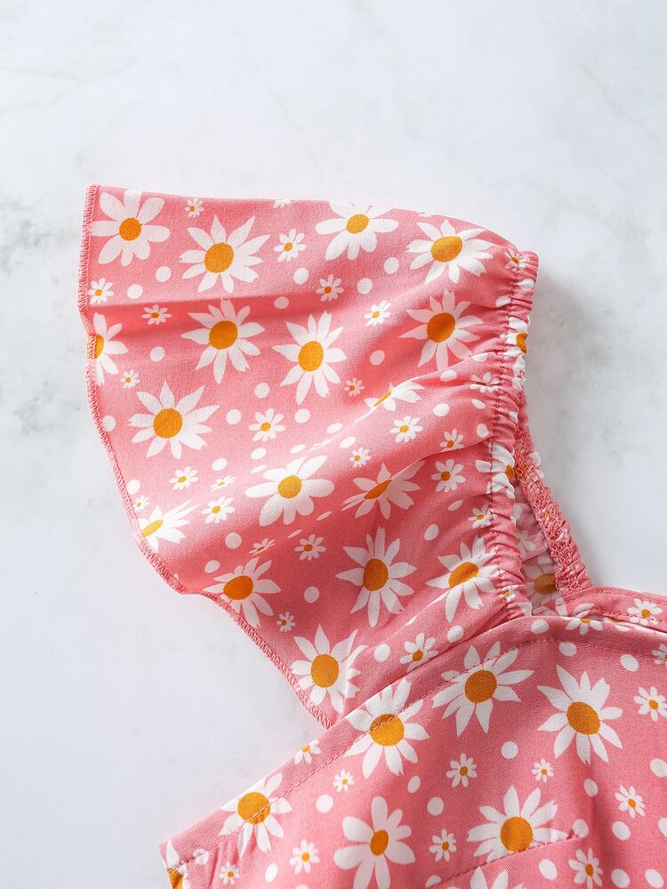 Tie Front Ditsy Floral Print Dress - Pink - View 3