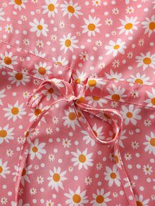 Tie Front Ditsy Floral Print Dress - Pink - View 6