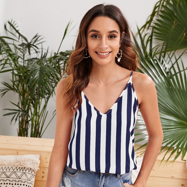 

Double V-neck Two Tone Striped Cami Top, Multicolor