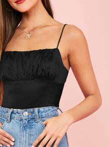 SHEIN Top de tirantes de satén con fruncido - Negro - Ver 3