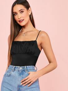 SHEIN Top de tirantes de satén con fruncido - Negro - Ver 1