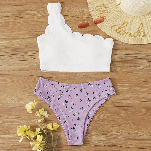 

Plus Floral Rib One Shoulder Bikini Swimsuit, Multicolor
