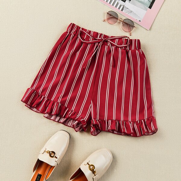 

Striped Ruffle Hem Tie Front Shorts, Burgundy