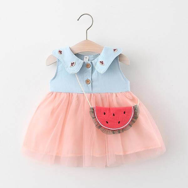 

Платье-рубашка с сетчатой вставкой, вышивкой и сумкой для девочек, Многоцветный