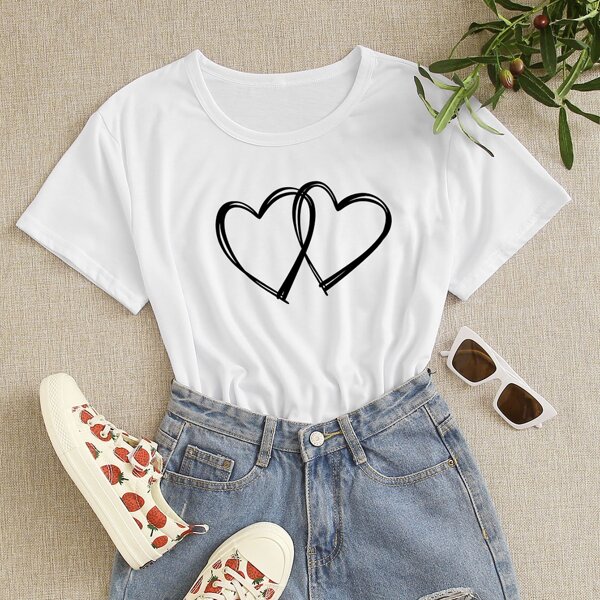 

Double Heart Print Short Sleeve Tee, White