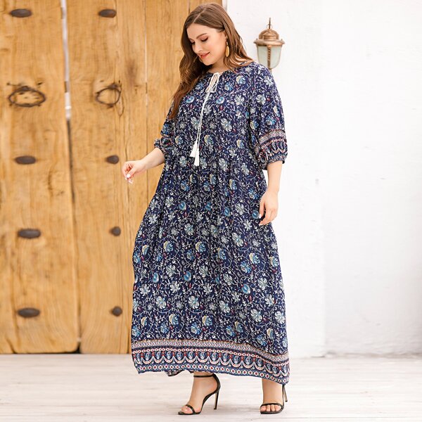 

Plus Tassel Tie Neck Ruffle Hem Tribal Dress, Navy blue