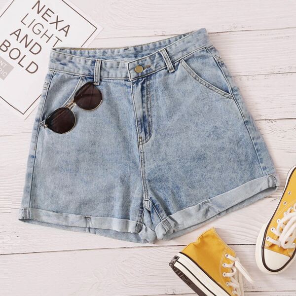 

Plus Rolled Hem Denim Shorts, Light wash