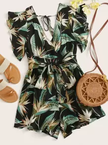 SHEIN Clasi Plus Tropical Print Shirred Waist Self Tie Summer Boho Romper - Multicolor - View 1