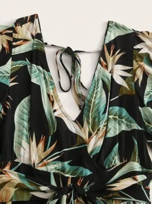 SHEIN Clasi Plus Tropical Print Shirred Waist Self Tie Summer Boho Romper - Multicolor - View 5