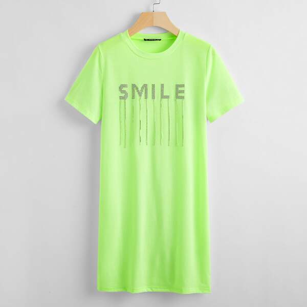 

Neon Green Rhinestone Letter Fringe Detail Dress, Lime green