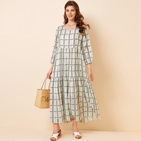 

Plaid & Floral Print V-neck Smock Dress, Multicolor