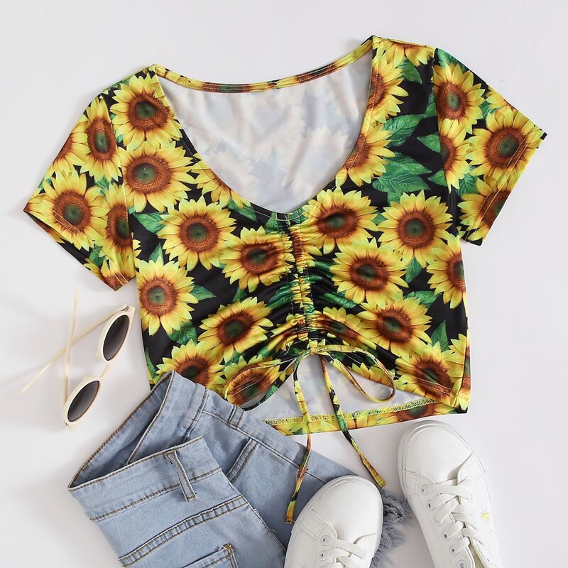 

Sunflower Graphic Drawstring Crop Top, Yellow