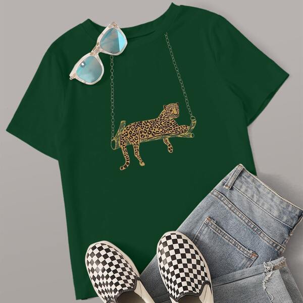 

Cheetah Print Round Neck Tee, Dark green
