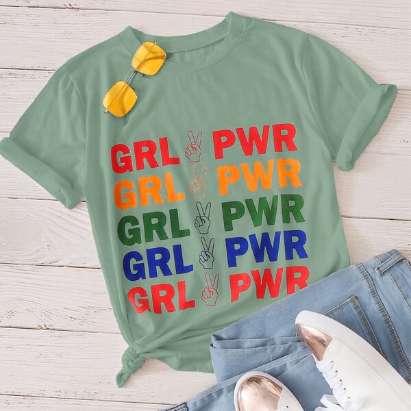 

Slogan Graphic Round Neck Tee, Mint green