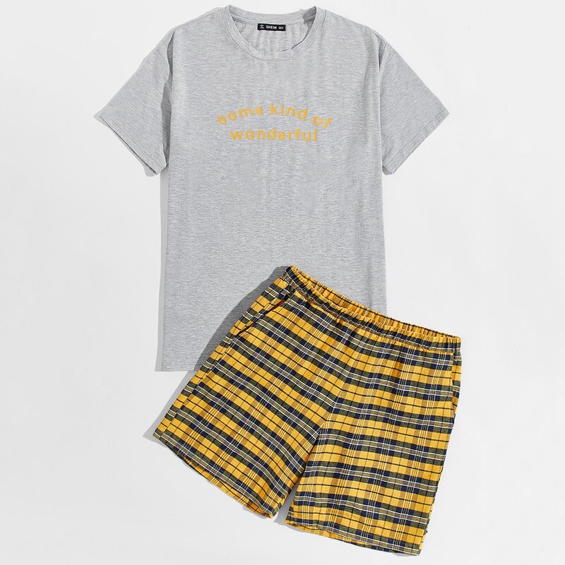 

Guys Slogan Graphic Top & Slant Pocket Plaid Shorts PJ Set, Multicolor