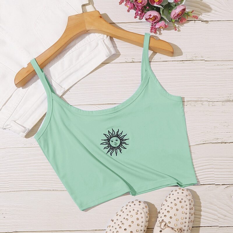 

Sun Embroidery Crop Cami, Green