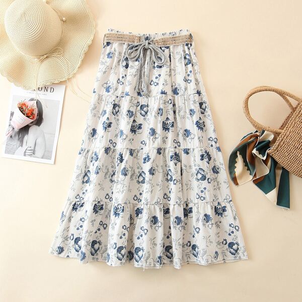 

Floral Print Ruffle Hem Self Tie Skirt, Multicolor