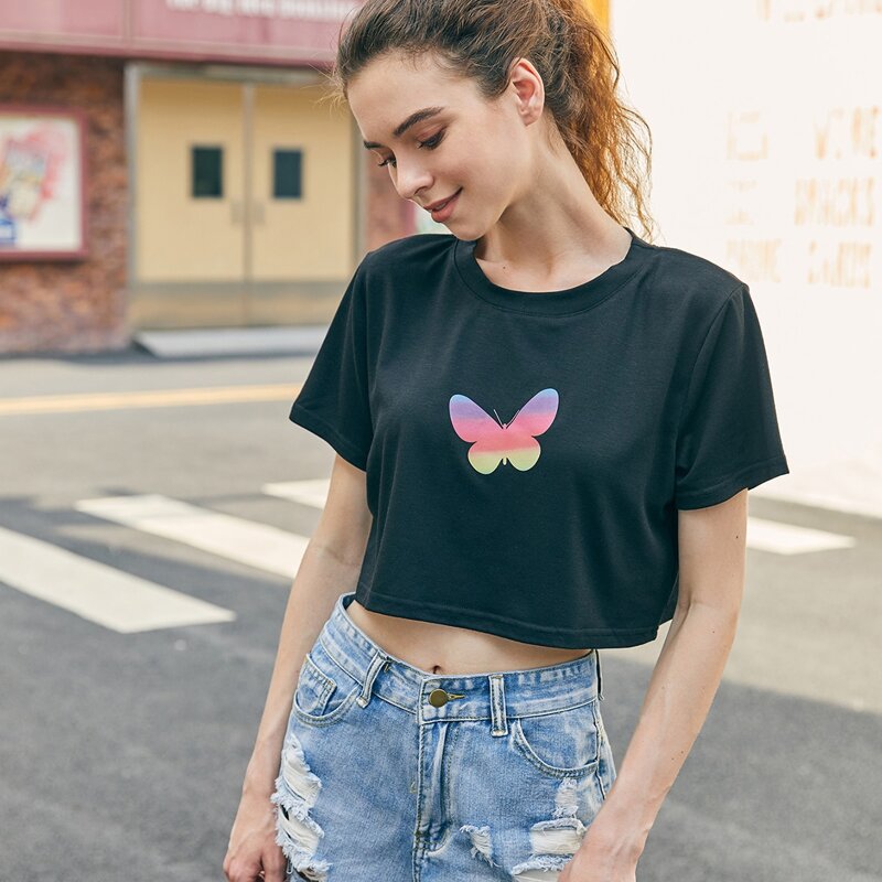 

Butterfly Print Crop Top, Black