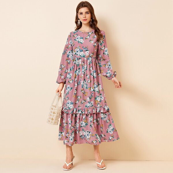 

Ruffle Trim Bishop Sleeve Floral Dress, Multicolor