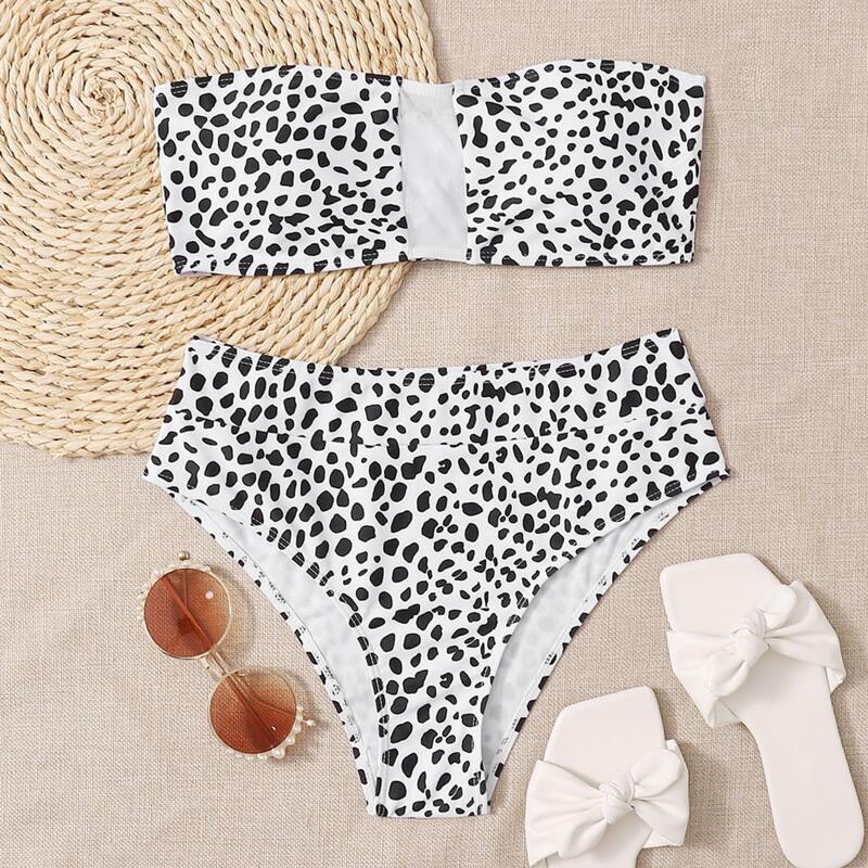 

Dalmatian Contrast Mesh Bandeau Bikini Swimsuit, Black and white