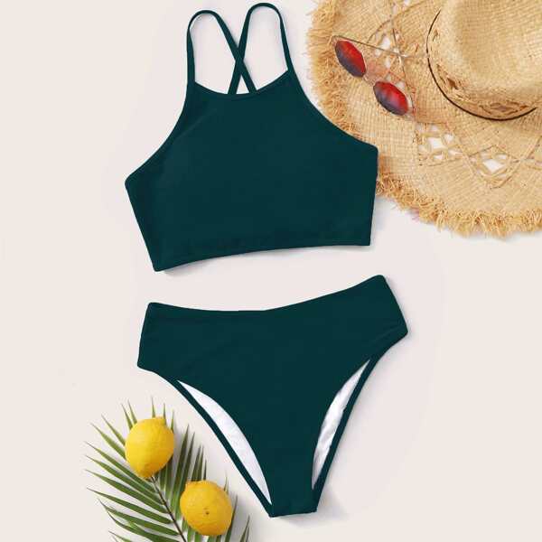 

Tie Back High Waisted Bikini Swimsuit, Dark green