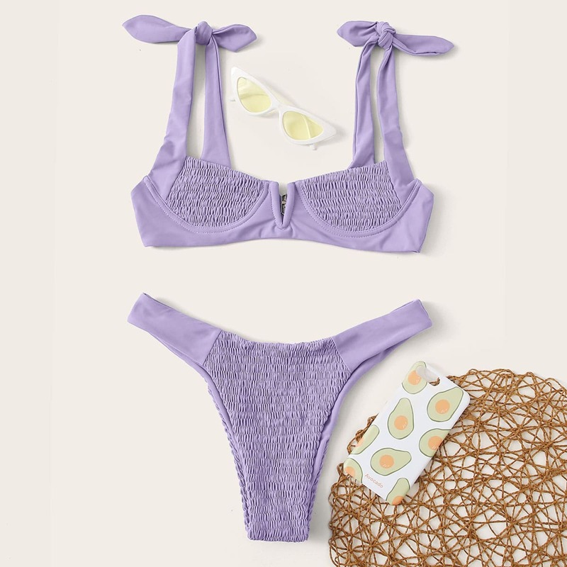

Smocked V Wired Underwire Bikini Swimsuit, Pastel lilac purple