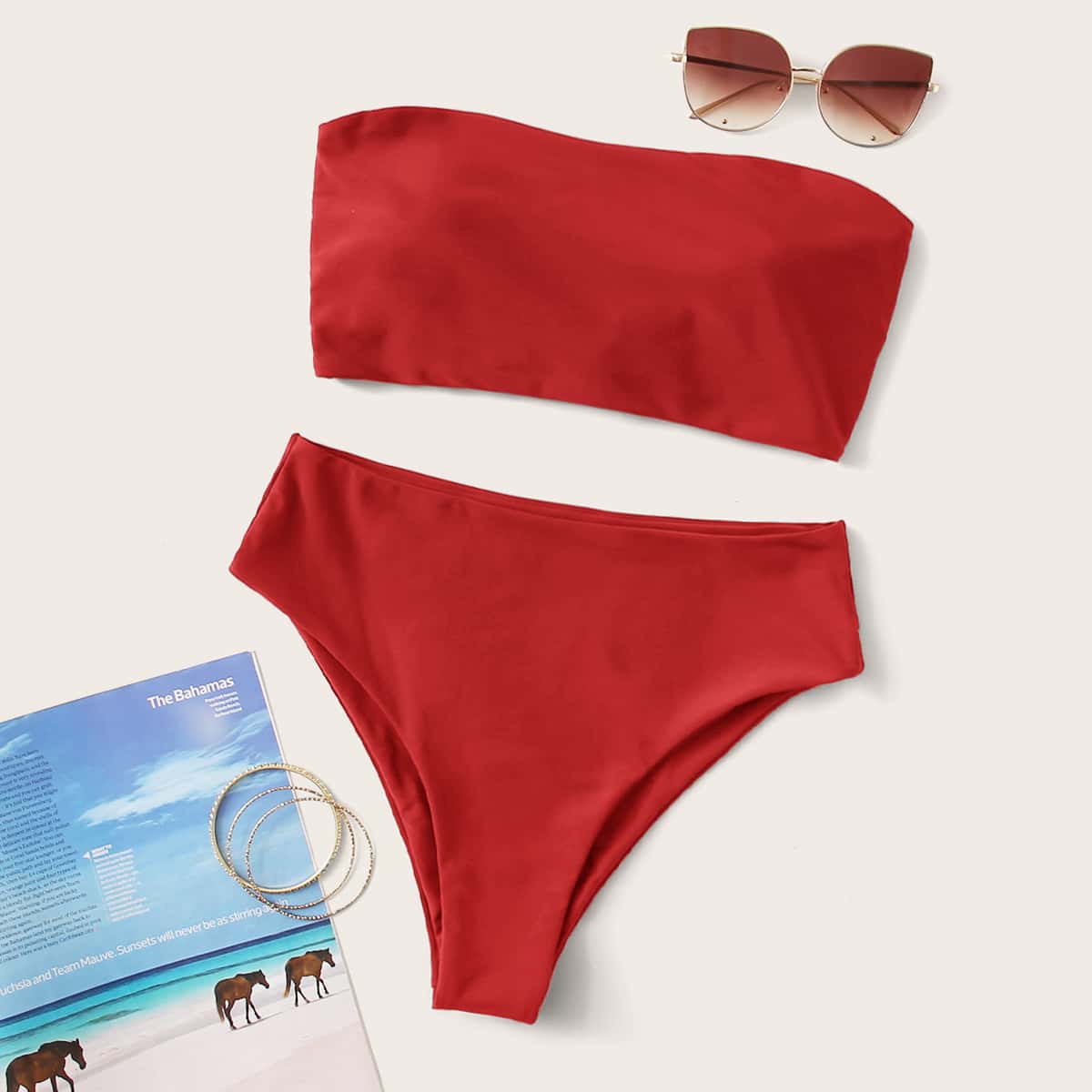 

Lace-up Back Bandeau High Waisted Bikini Swimsuit, Red