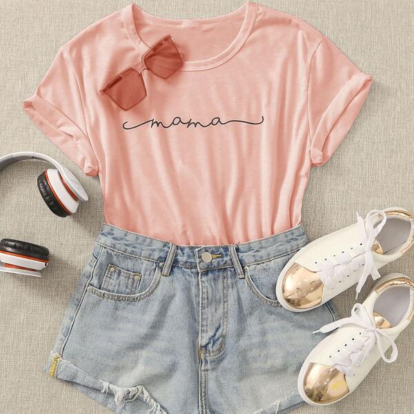 

Letter Graphic Round Neck Tee, Baby pink