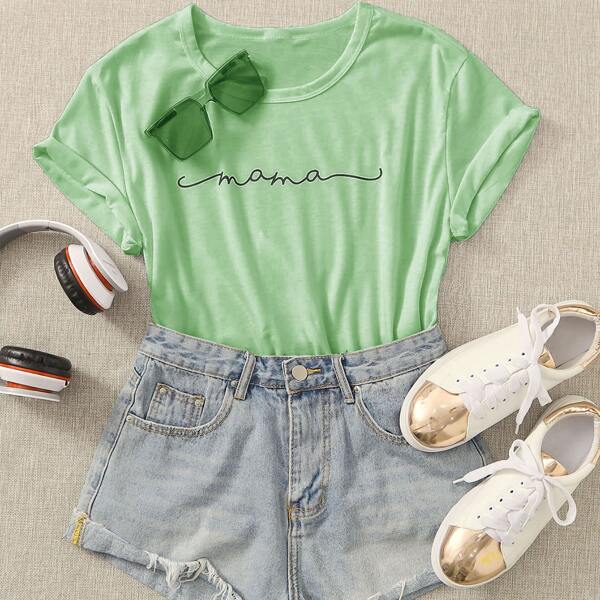 

Letter Graphic Round Neck Tee, Mint green