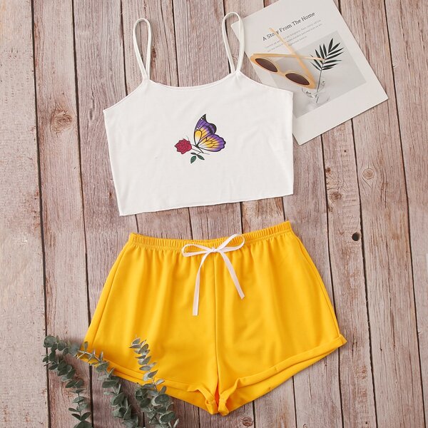 

Butterfly & Floral Print Cami Top With Shorts Lounge Set, Multicolor