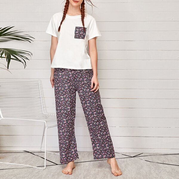 

Ditsy Floral Pocket Patched Pajama Set, Multicolor