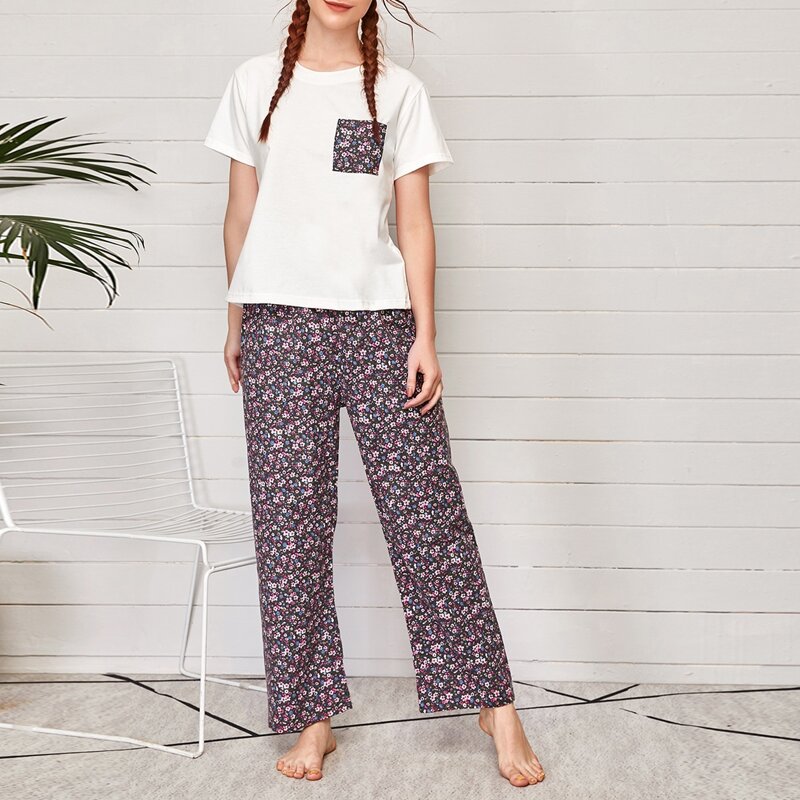 

Ditsy Floral Pocket Patched Pajama Set, Multicolor