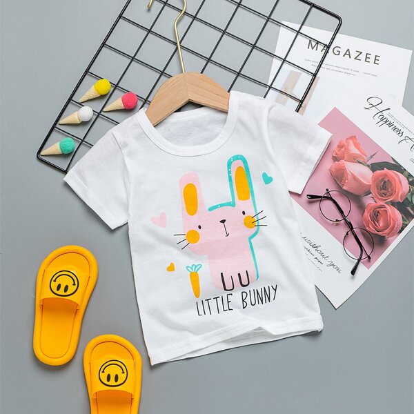 

Toddler Girls Cartoon Rabbit & Letter Graphic Tee, White