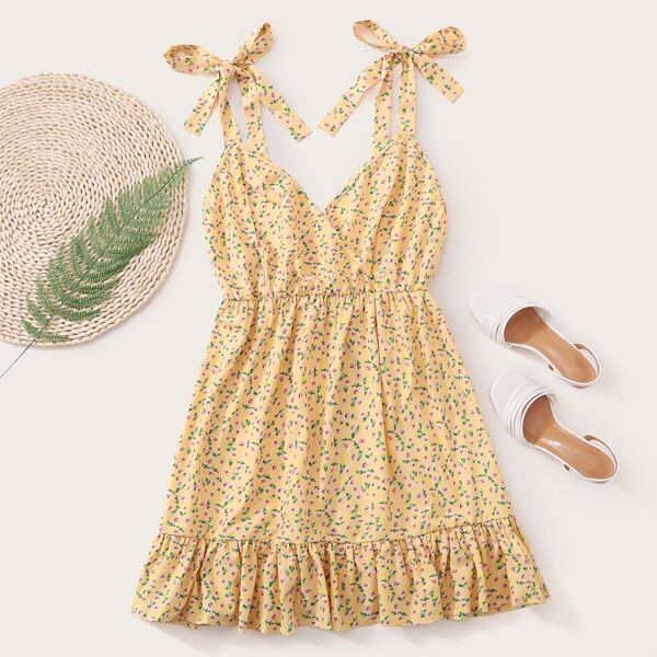 

Plus Knot Shoulder Ditsy Floral Ruffle Hem Dress, Yellow