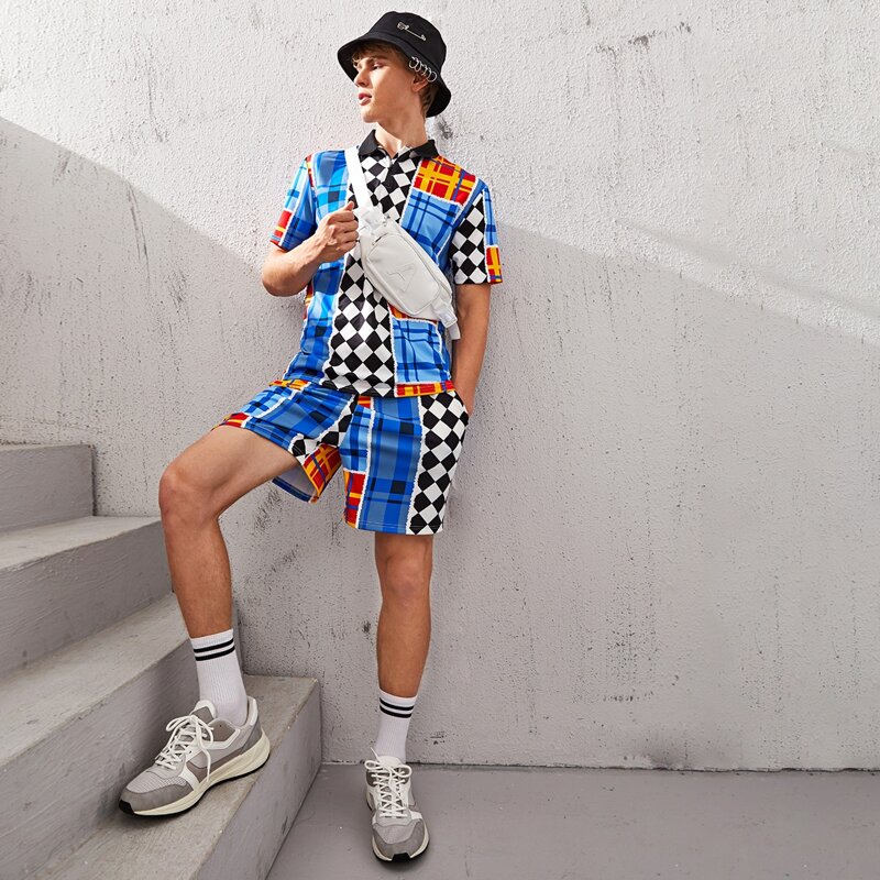 

Guys Zipper Half Placket Checkerboard Mixed Print Polo Shirt & Shorts Set, Multicolor