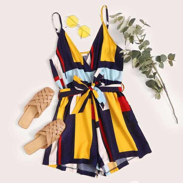 

Plus Colorblock Geo Print Belted Cami Romper, Multicolor