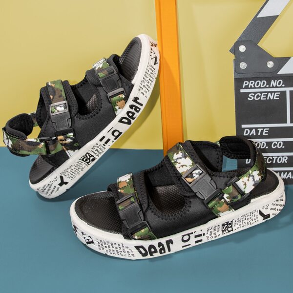 

Мужские сандалии с пряжкой и камуфляжным узором, Чёрный