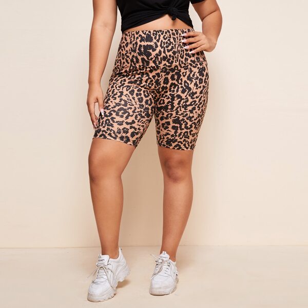 

Plus Leopard Print Wide Waistband Biker Shorts, Multicolor