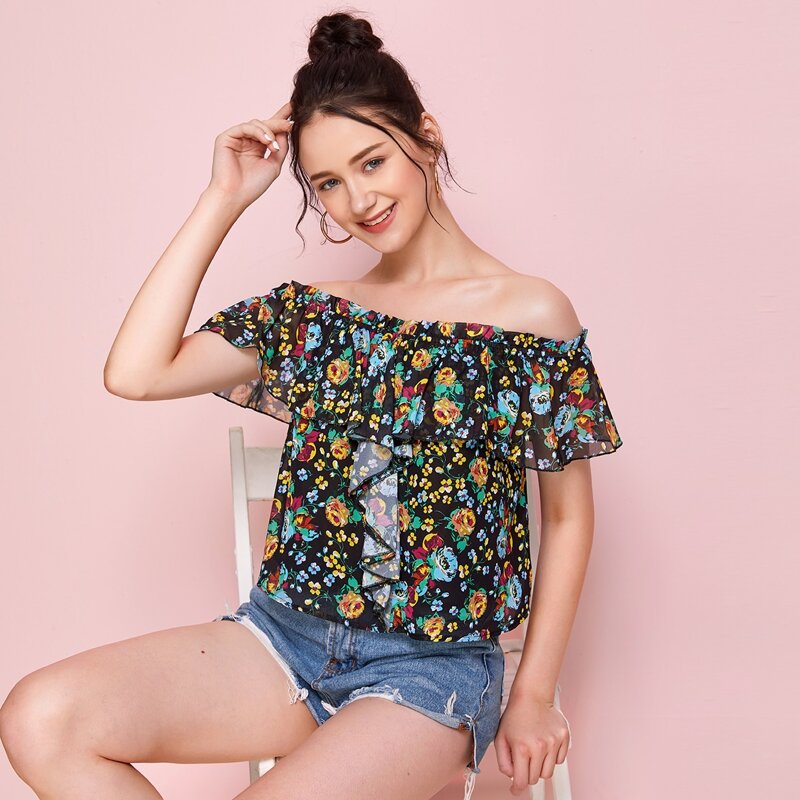 

Allover Floral Ruffle Trim Bardot Blouse, Multicolor