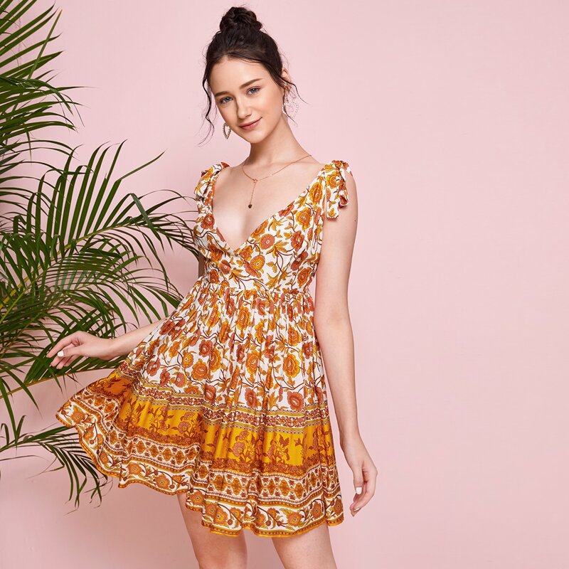 

Open Back Floral Print Cami Dress, Yellow