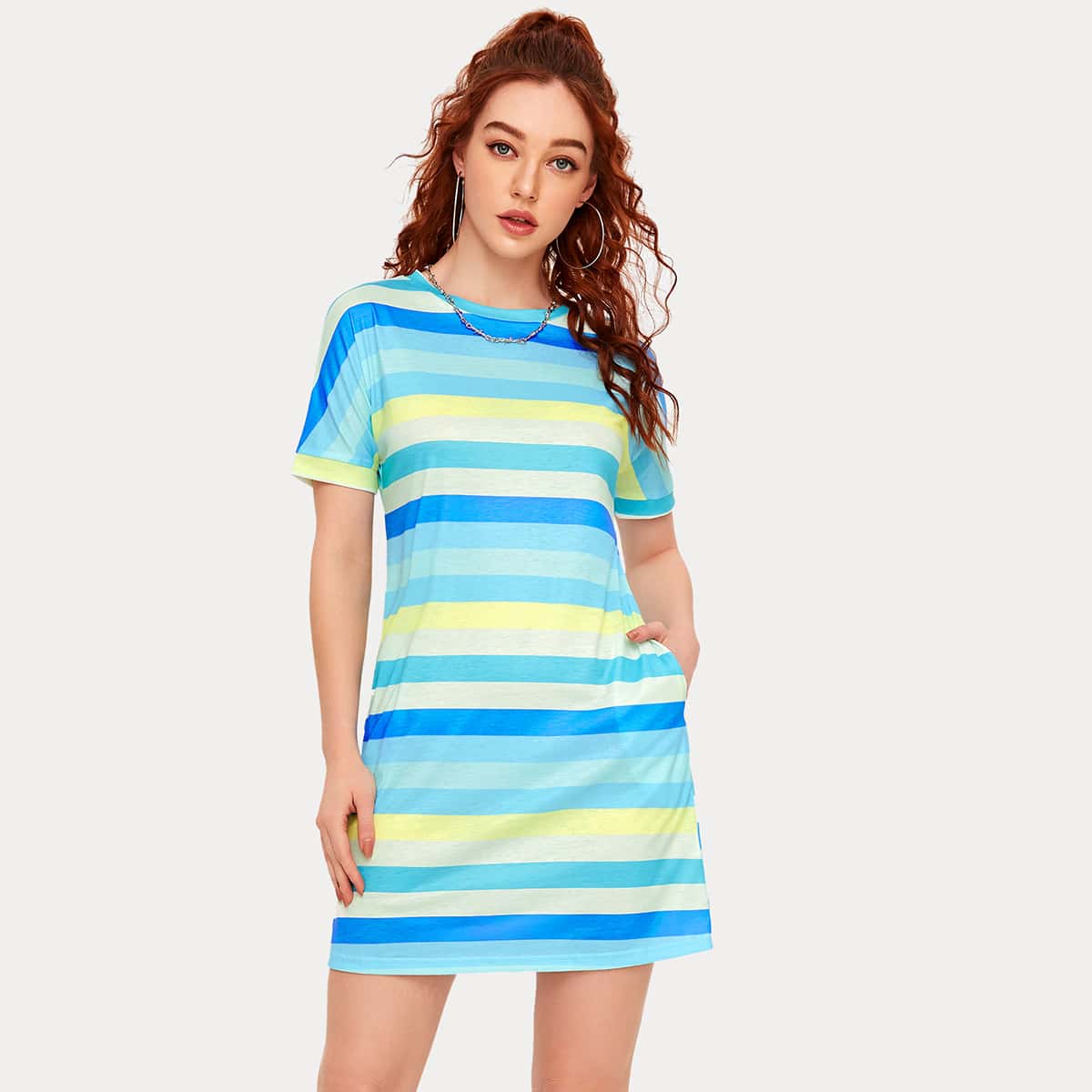 

Multi-Color Striped Side Pocket Tee Dress, Multicolor