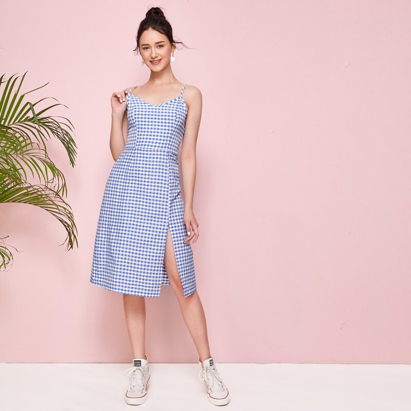 

Gingham Split Thigh Midi Cami Dress, Blue
