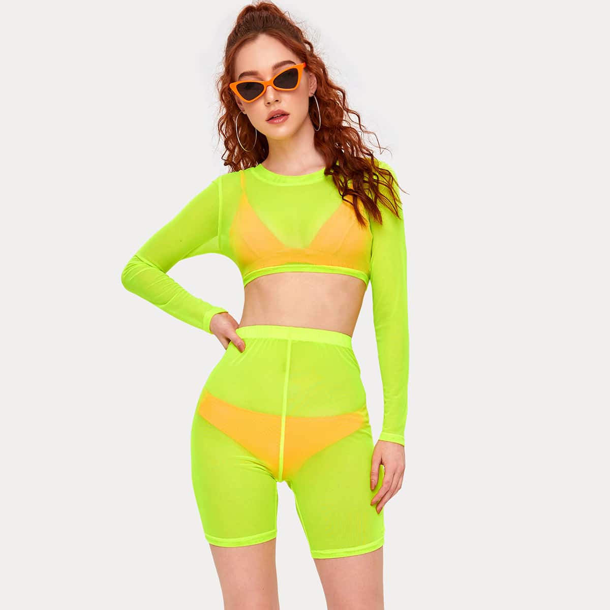 

Neon Green Sheer Crop Top & Shorts, Green bright