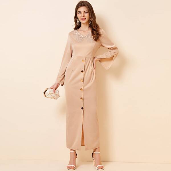 

Contrast Lace Panel Button Front Fitted Long Dress, Apricot