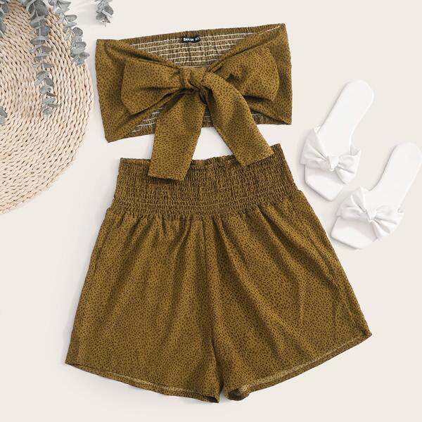 

Shirred Tie Front Dalmatian Tube Top & Shorts Set, Mocha brown
