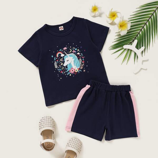 

Toddler Girls Unicorn Print Tee & Track Shorts, Navy blue