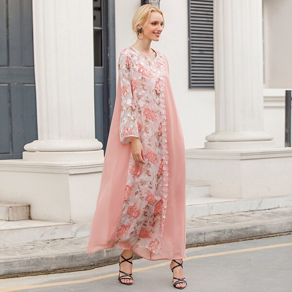 

Lace Panel Peals Beaded Floral Kaftan Dress, Pink