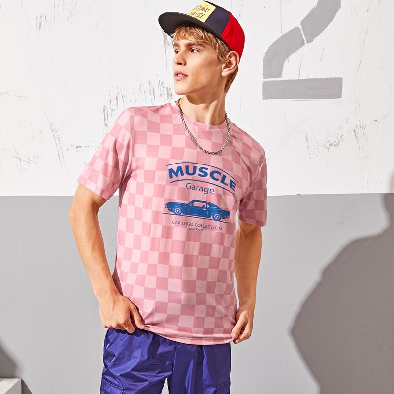 

Guys Car & Slogan Print Checkerboard Tee, Baby pink