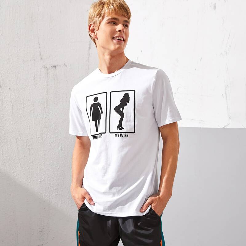 

Guys Slogan and Figure Graphic Top, White